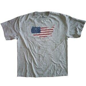 Vintage Faded Glory T Shirt Grey Shirt Distressed US Flag Shape of US - Large LG